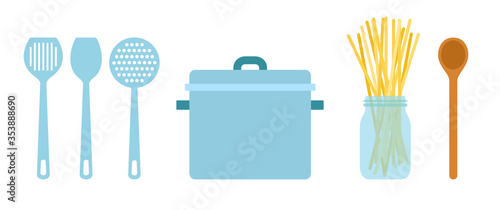Set utensil for cooking spaghetti vector flat illustration.