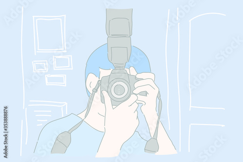 Man holding camera and shooting photo with vector drawing.