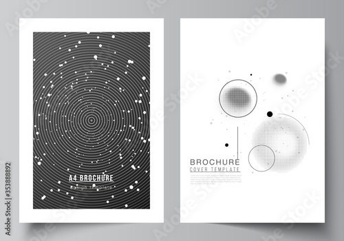 Vector layout of A4 format cover mockups design templates for brochure, flyer layout, booklet, cover design, book design, brochure cover. Tech science future background, space astronomy concept.