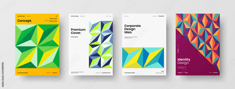 Company identity brochure template collection. Business presentation vector A4 vertical orientation front page mock up set. Corporate report cover abstract geometric illustration design layout bundle.