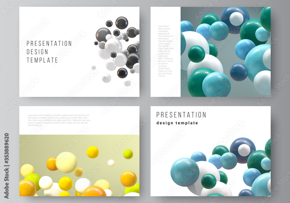 Vector layout of presentation slides design templates, multipurpose template for presentation brochure, business report. Abstract futuristic background with colorful 3d spheres, glossy bubbles, balls.