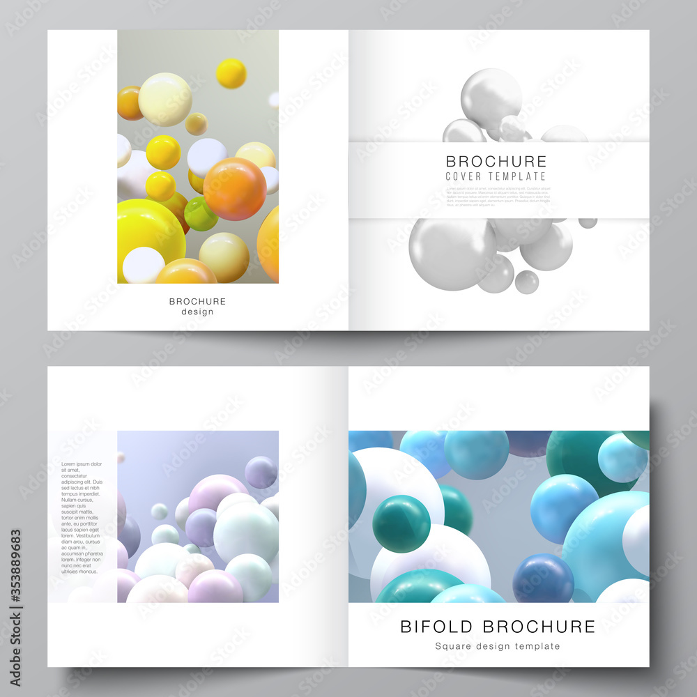 Vector layout of two covers templates for square bifold brochure, flyer, magazine, cover design, book design, brochure cover. Realistic vector background with multicolored 3d spheres, bubbles, balls.
