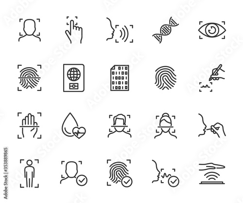 Vector set of biometric line icons. Contains icons fingerprint, face identification, voice recognition, DNA, blood type, eye scan, digital signature and more. Pixel perfect. photo