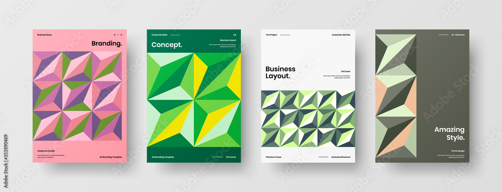 Company identity brochure template collection. Business presentation vector A4 vertical orientation front page mock up set. Corporate report cover abstract geometric illustration design layout bundle.