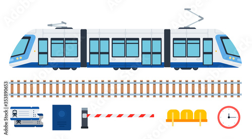 Modern city passenger tram and its elements vector illustration in flat design.