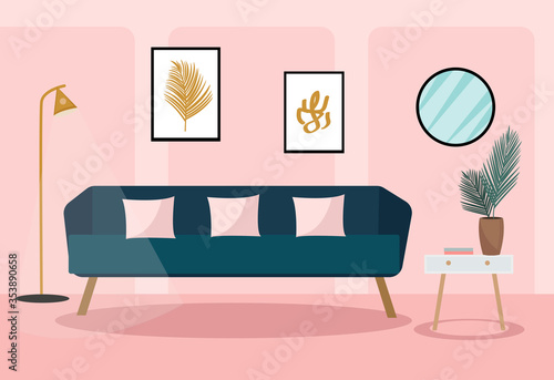 Velvet sofa in the living room. Modern trendy interior design. Plant in the room, retro furniture. Vector illustration