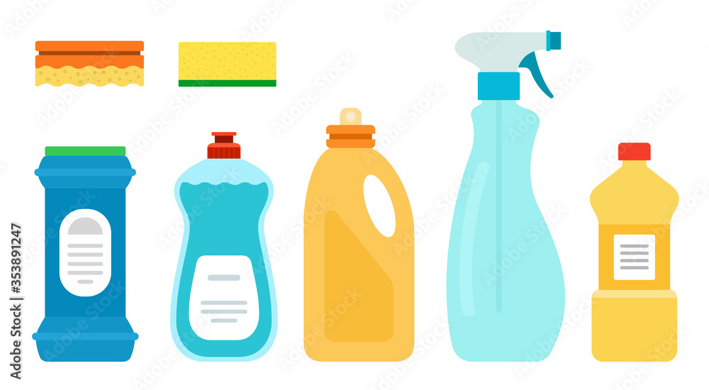 Detergents for unwashed dishes, kitchen vector illustration in flat design. Detergents for unwashed dishes, kitchen vector illustration in flat design.
