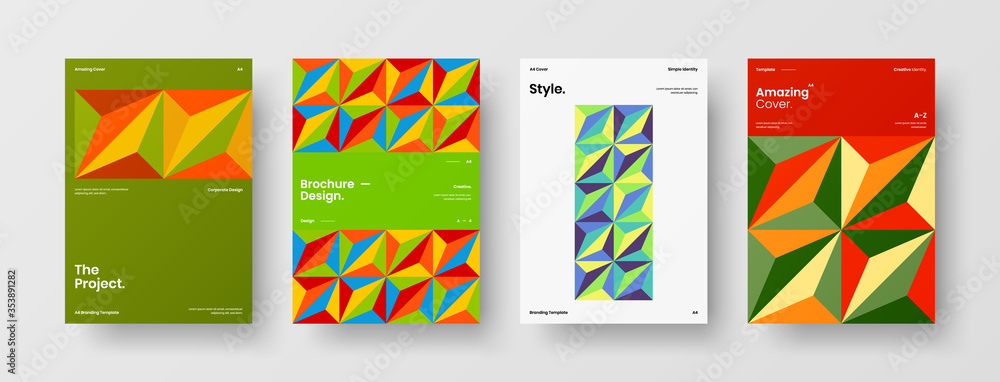 Company identity brochure template collection. Business presentation vector A4 vertical orientation front page mock up set. Corporate report cover abstract geometric illustration design layout bundle.