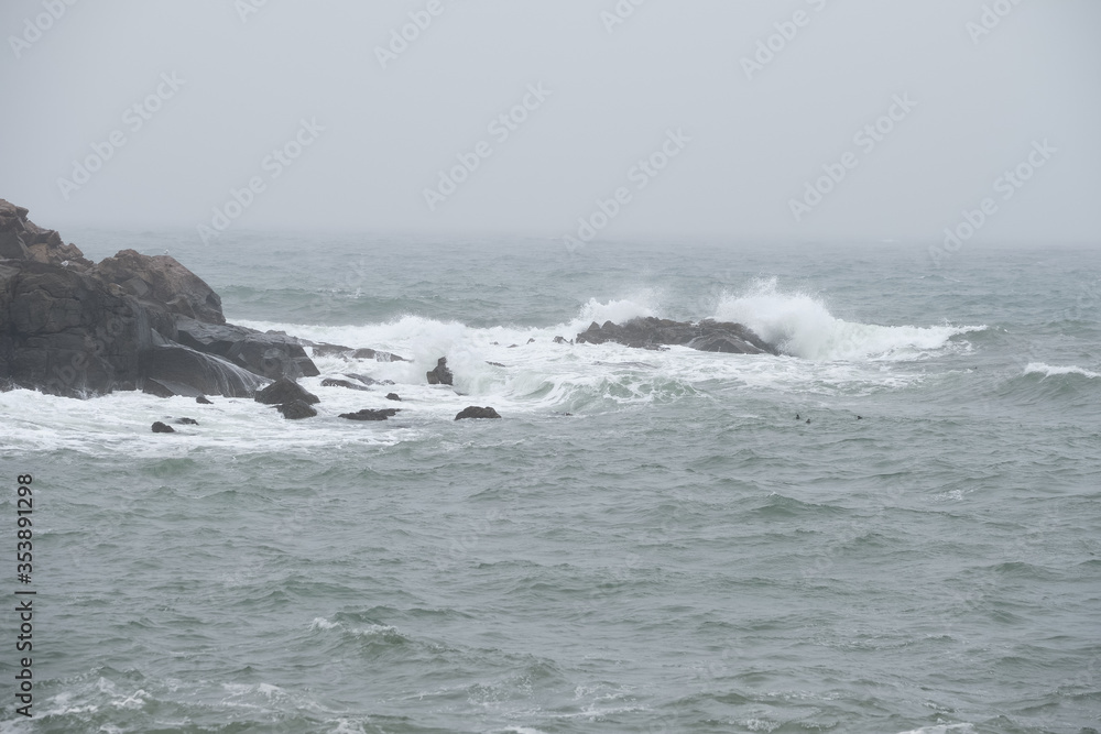 High tides crashing waves on the Maine coast on a rainy and foggy day