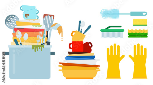 Dirty dishes, plates with washing sponges and gloves vector illustration in flat design.