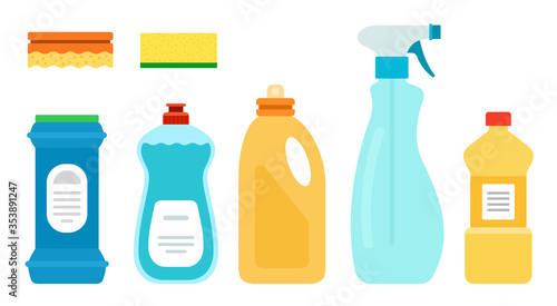 Detergents for unwashed dishes, kitchen vector illustration in flat design.