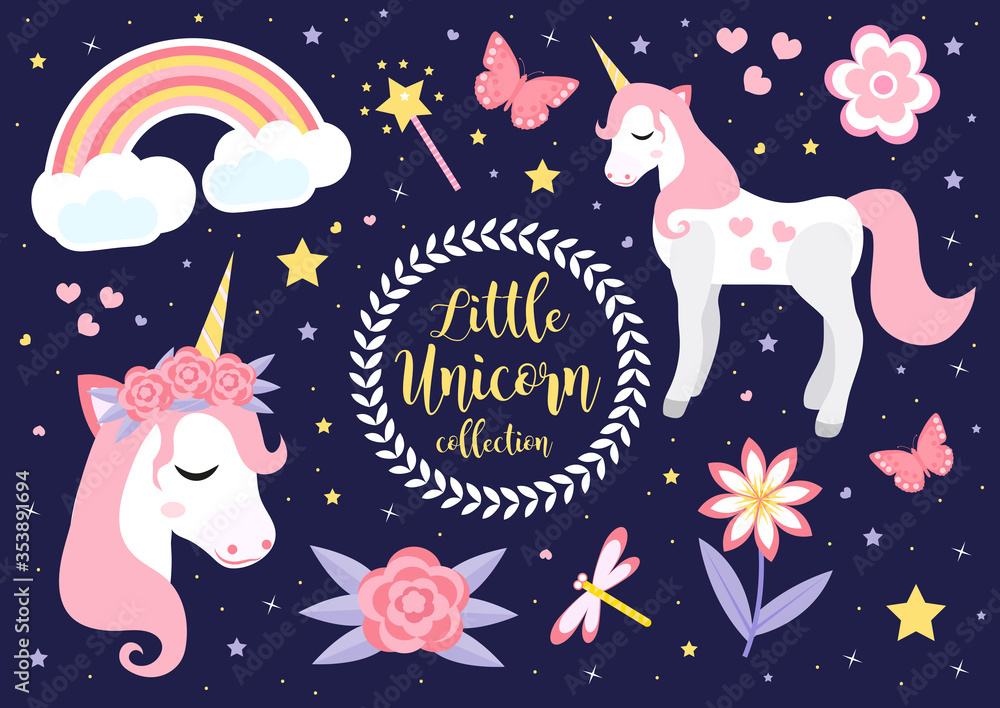 Cute little unicorn set, modern cartoon style. Fairytale collection for children with rainbow, flowers, stars, magic. Vector illustration