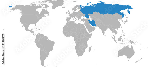 Afghanistan, Russia isolated on world map. Light gray background. Business concepts, diplomatic, trade and transport relations.