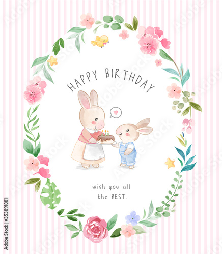 Cute Rabbit mother and son in Circle Flowers Frame Illustration