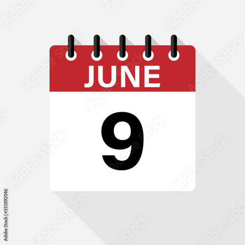 June 9 Calendar Icon. Calendar Icon with shadow. Flat style. Date, day and month. EPS