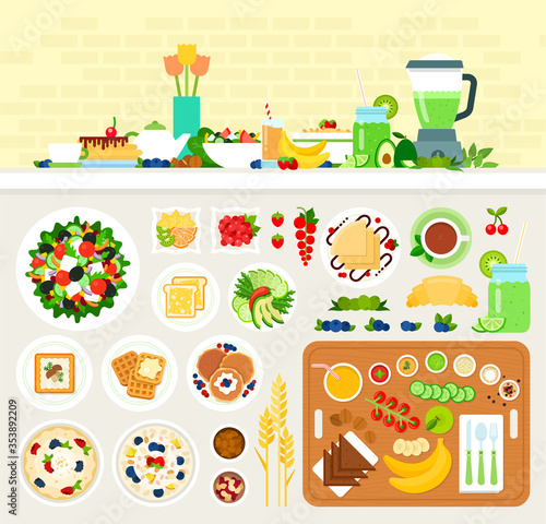 Vegetarian healthy breakfast vector illustration in flat design.