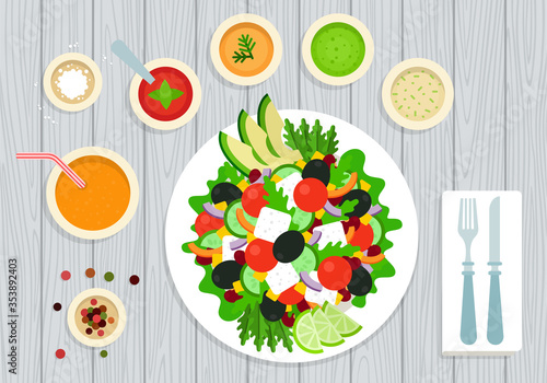 Vegetarian useful food vector illustration on wooden groundwork in flat design.