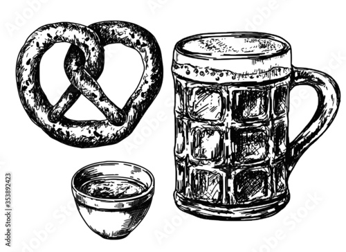 Sketch ink graphic beer and pretzel illustration, draft silhouette drawing, black on white line art. Pub vintage etching food design.