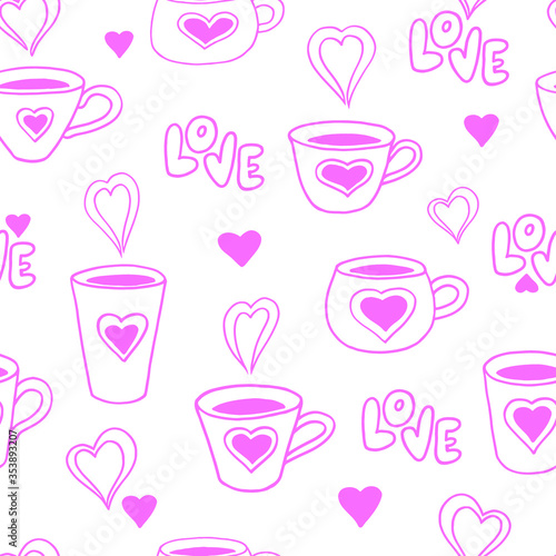 Coffee cups with hearts. Hand drawing doodle. Outline. Letering love. Valentine s Day seamless pattern. Stock vector illustration.