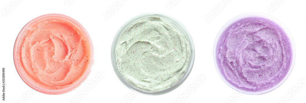 Set of containers with different natural scrubs on white background, top view. Banner design Set of containers with different natural scrubs on white background, top view. Banner design