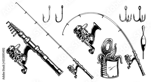 Fishing elements vintage monochrome concept