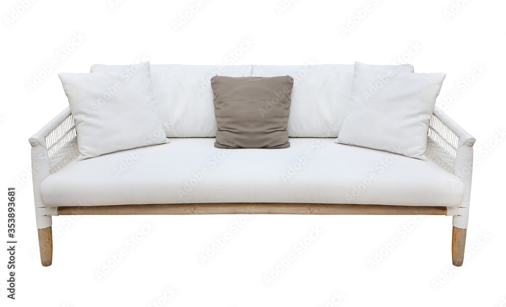 white wicker sofa isolated on white background. Details of modern boho, bohemian , scandinavian and minimal style . eco design interior