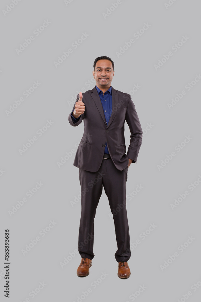 Businessman Showing Thump Up Isolated. Indian Man Standing Full Lenght