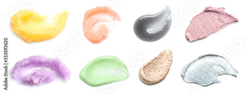 Set with different samples of natural scrubs on white background, top view. Banner design photo