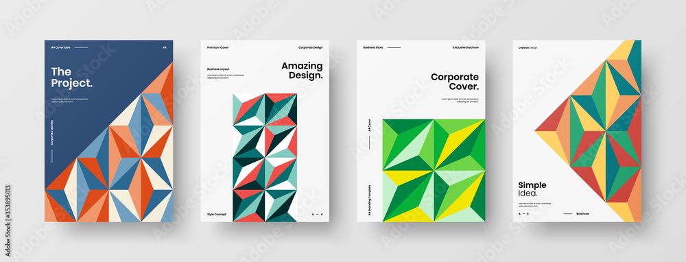 Company identity brochure template collection. Business presentation vector A4 vertical orientation front page mock up set. Corporate report cover abstract geometric illustration design layout bundle.