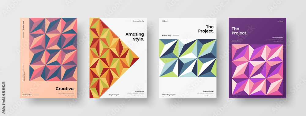 Fototapeta premium Company identity brochure template collection. Business presentation vector A4 vertical orientation front page mock up set. Corporate report cover abstract geometric illustration design layout bundle.