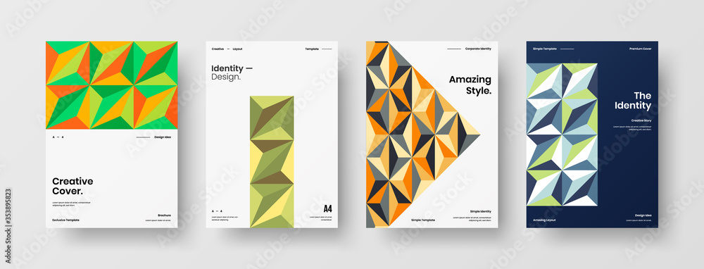 Fototapeta premium Company identity brochure template collection. Business presentation vector A4 vertical orientation front page mock up set. Corporate report cover abstract geometric illustration design layout bundle.