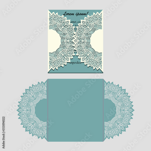 Laser cut paper lace folding card with mandala element. Cutting template for wedding invitation or card designs.