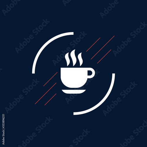 Coffee icon on a dark background. White cup of coffee piercing red rays.
