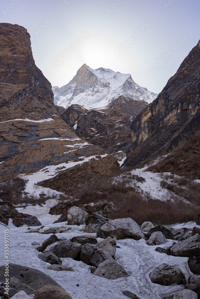 Snowy Mountain Trail with Himalayan Peaks in the Background
