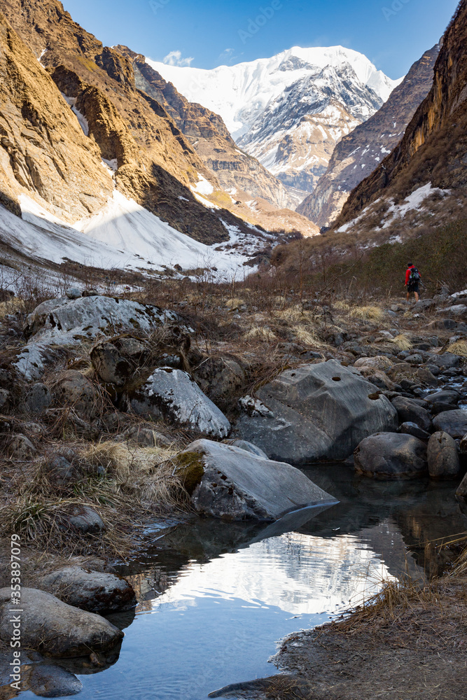 View of Annapurna Reflected in Rocky Pool on Snowy Trekking Trail View of Annapurna Reflected in Rocky Pool on Snowy Trekking Trail