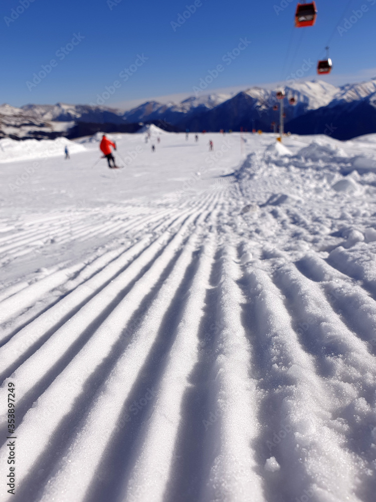 close-up of snow on a ski track