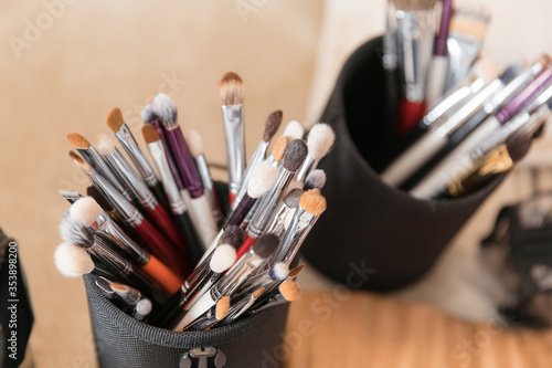 Set of makeup artist’s brushes in a case