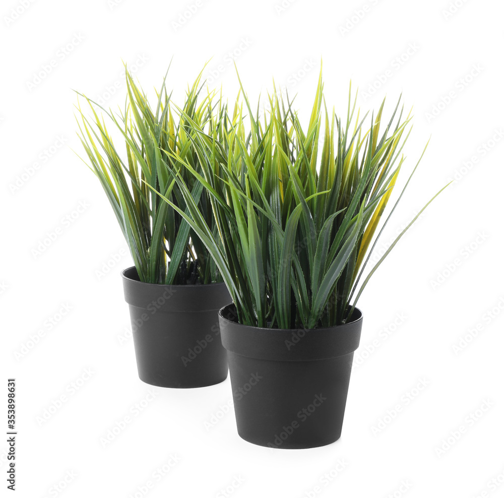 Beautiful artificial plants in flower pots isolated on white Beautiful artificial plants in flower pots isolated on white