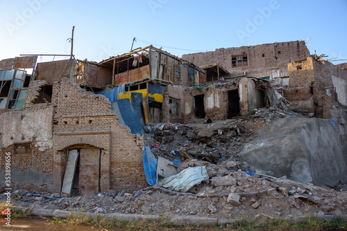Abandoned and currently being demolished centuries old homes and buildings in the old city of Kashgar, Xinjiang Province, China
