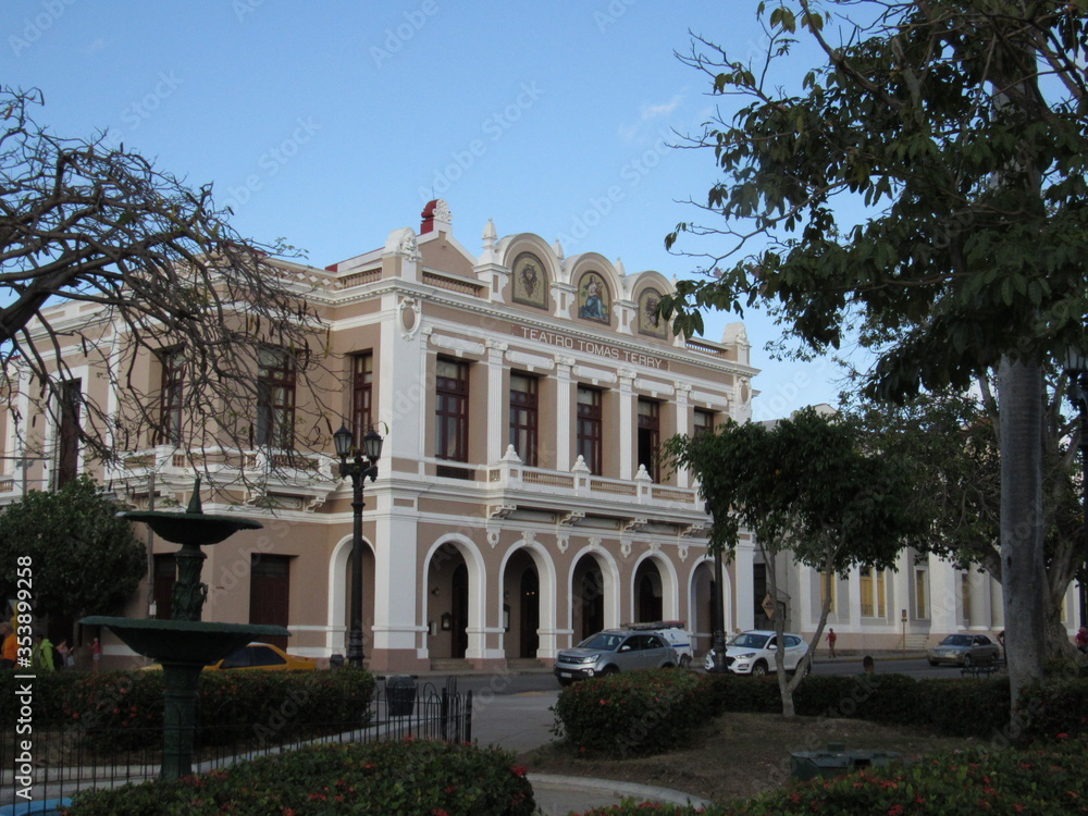 Cienfuegos, Cuba - January 29, 2020:Tomas Terry Theater in Jose Marti Park, the UNESCO World Heritage main square of Cienfuegos, Cuba