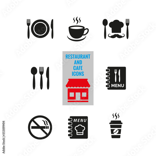 Restaurant and cafe icons set on white background.