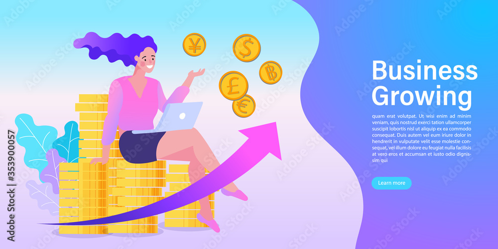 Woman using computer app for online banking and business growing. A girl sitting on stacked coins. Savings or income increase, growth. Flat design vector illustration