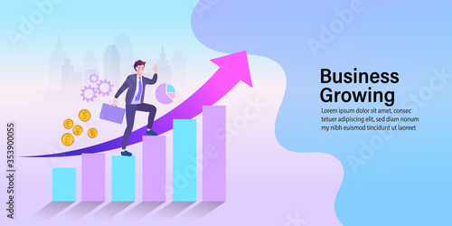 Businessman walking on stair. Graph to success. Man in a suit with a suitcase. Business growing. Vector flat design.