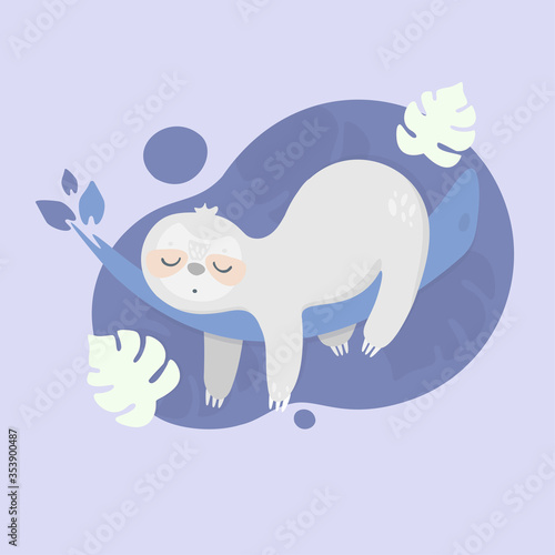 Cute sloth sleeping on the three. Vector tropical illustration for kids