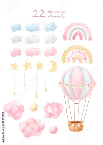 Watercolor set of decoration elements: clouds, stars, rainbow, air ballon . Baby print or poster. Hand drawn cute illustration Contemporary art.