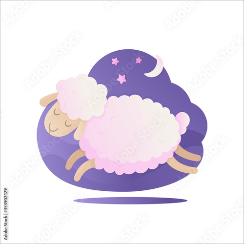Cute sheep in cloud with moon and stars. Sweet dreams vector illustration for kids