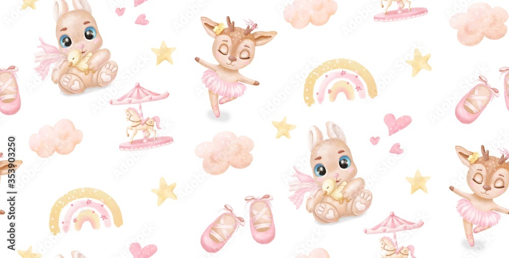 Obraz premium Watercolor pattern with cute baby animals for girls. deer, rabbit, rainbow, carousel, clouds, baby clothing. Texture for wallpaper, packaging, scrapbooking, textiles, fabrics, children's clothing
