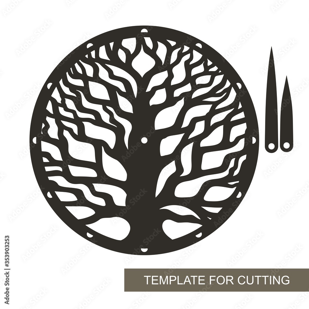 Round dial with decorative tree (trunk, dense branches) inside. Hour and minute hands. An unusual design element for the interior. Vector layout for laser cutting (cnc). Round dial with decorative tree (trunk, dense branches) inside. Hour and minute hands. An unusual design element for the interior. Vector layout for laser cutting (cnc).