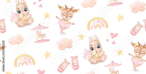 Watercolor pattern with cute baby animals for girls. deer, rabbit, rainbow, carousel, clouds, baby clothing. Texture for wallpaper, packaging, scrapbooking, textiles, fabrics, children's clothing
