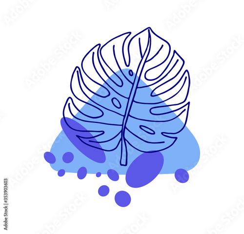 Navy blue monstera leaf with geometric element. Hand drawing vector illustration for logo design. Minimalism art. Botanical modern decor.